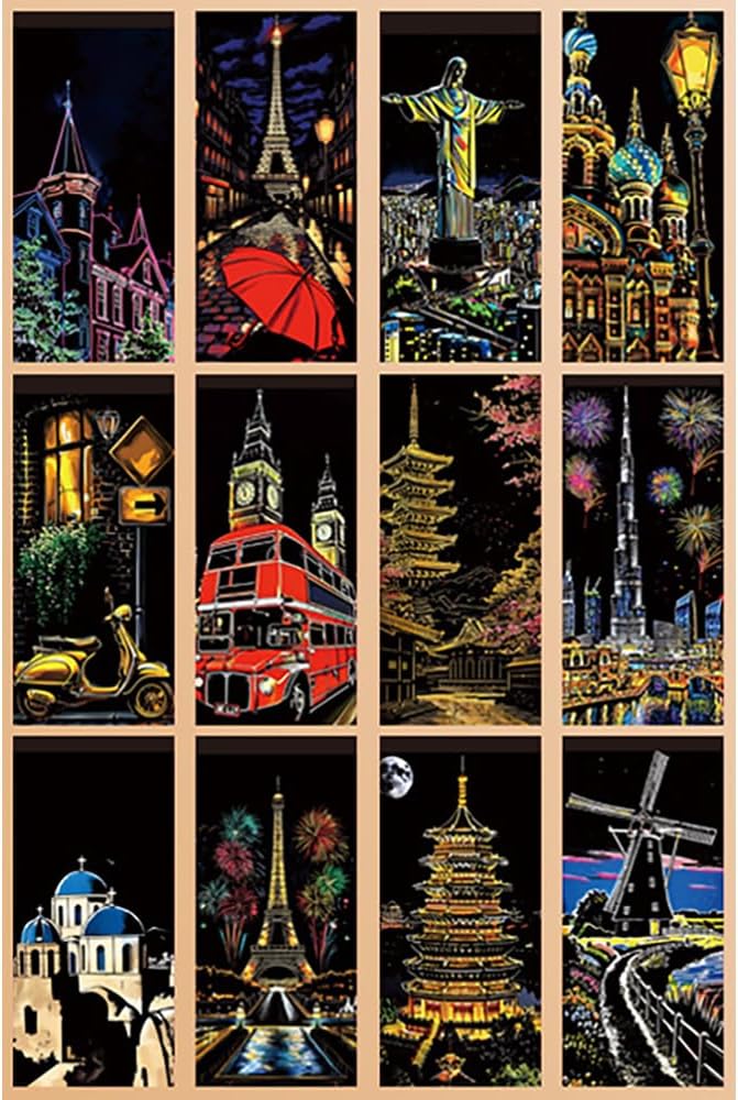 Ryoma Scratch Art Painting Scratch Paper Rainbow Painting Sketch Pads DIY Art Craft Set， 4 Pcs Vincent Van Gogh Engraving and 24Pcs Classic Landmarks and Animal Series for Kids & Adults with 3 Tools - Image 3